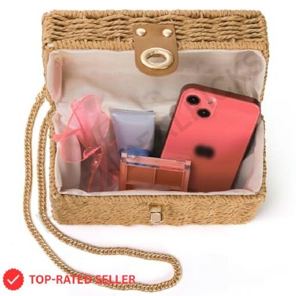 Vintage Rattan Crossbody Bag Handmade Wicker Tote Boho Chic Summer Beach - Picture 7 of 8